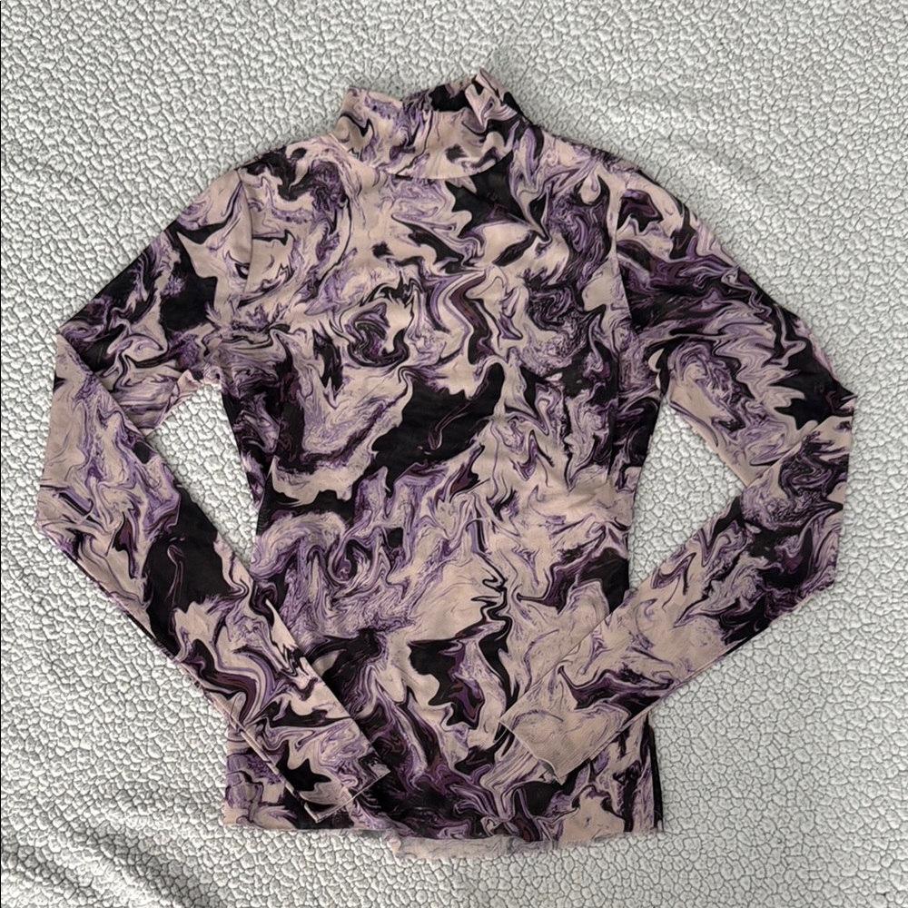 Marble Print Turtle Neck Long Sleeve Top